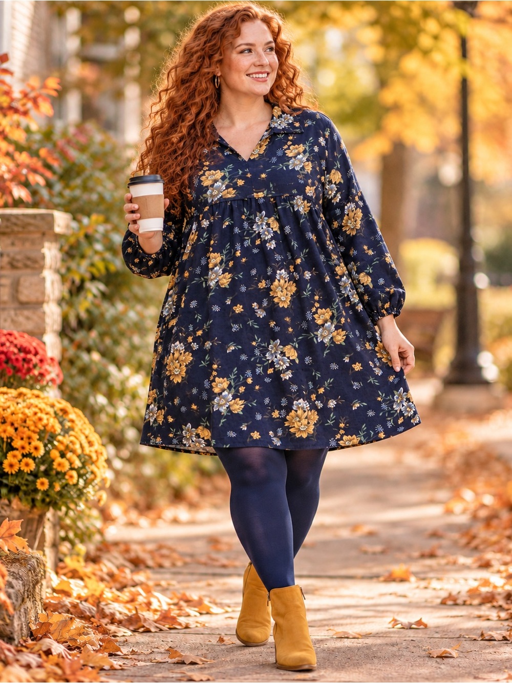 Umgee • Navy Floral Corduroy Babydoll Dress • Collared Balloon Sleeve • XL